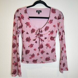 Y2K Self Esteem Purple Babydoll Mesh Sheer Floral Top XS Front Tie Long Sleeve